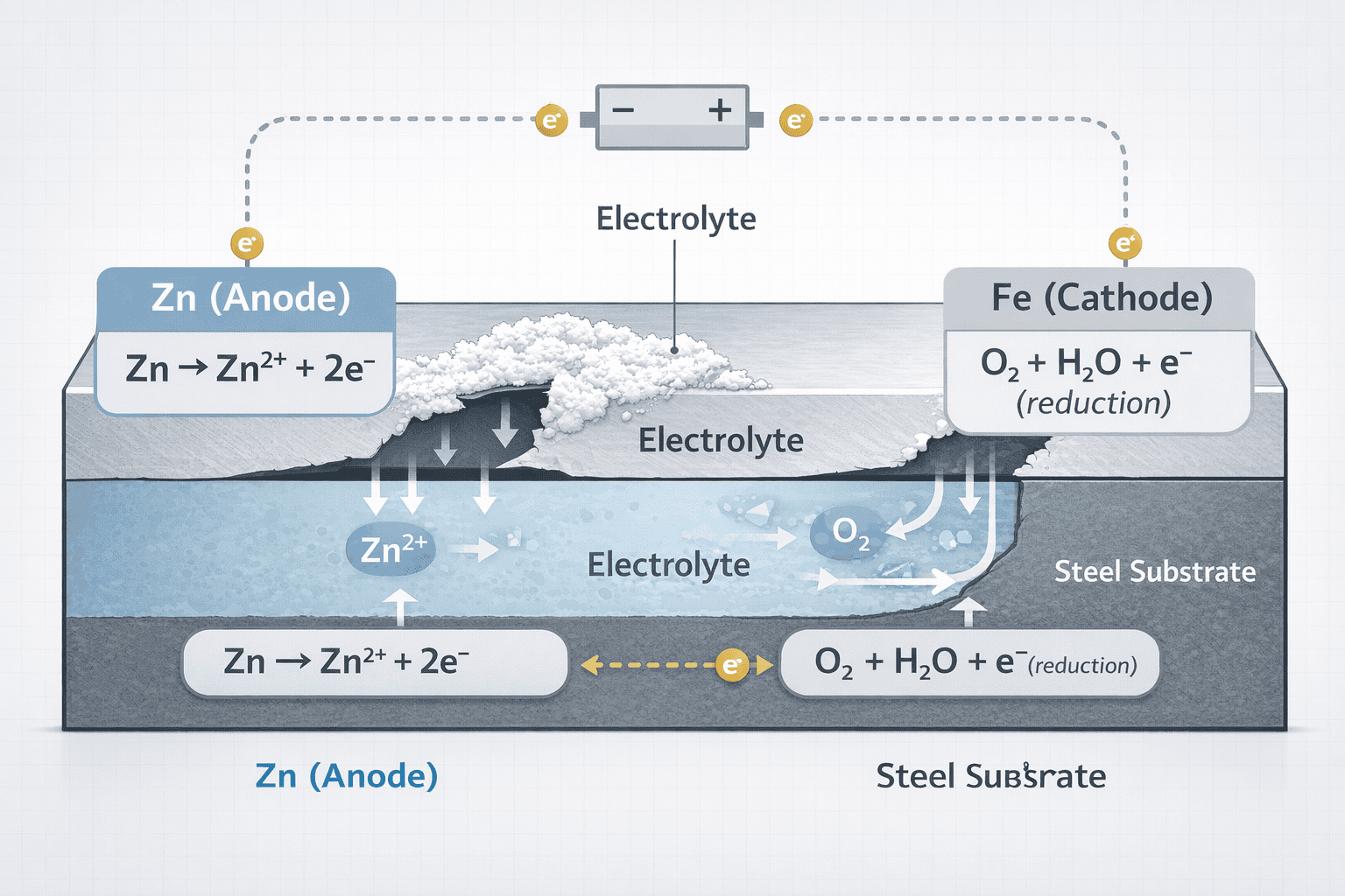 ไดอะแกรมแสดง Zn เป็น anode และเหล็กเป็น cathode พร้อมทิศทางอิเล็กตรอนและไอออนใน electrolyte