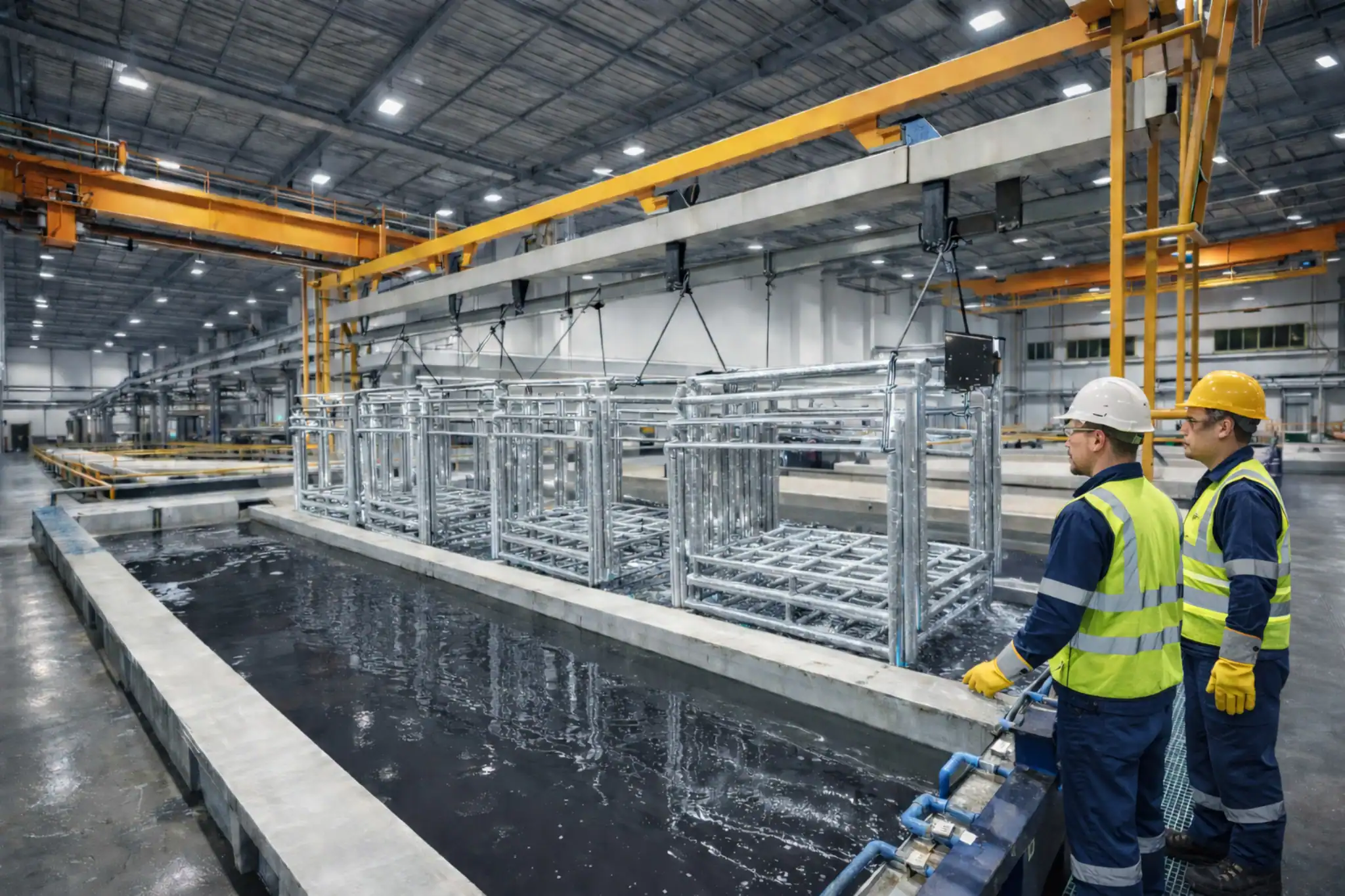 โรงชุบซิงค์ พนักงานไทยสวมชุด PPE ยืนควบคุมงานเหล็กชุบซิงค์ที่ถูกยกด้วยเครนภายในโรงงานชุบโลหะขนาดใหญ่