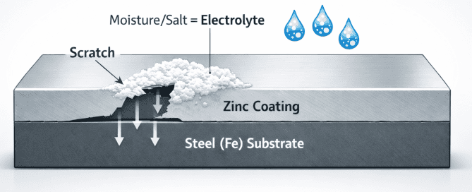 ภาพอินโฟกราฟิกแสดงซิงค์เป็นแอโนดสึกก่อนเพื่อปกป้องเหล็กเมื่อมีรอยขีด