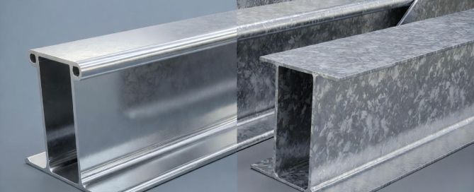 ภาพเปรียบเทียบงานชุบซิงค์แบบไฟฟ้า (ผิวเรียบ เคลือบบาง) กับกัลวาไนซ์ร้อน HDG (ผิวหยาบ เคลือบหนา) แบบภาพแบ่งครึ่ง