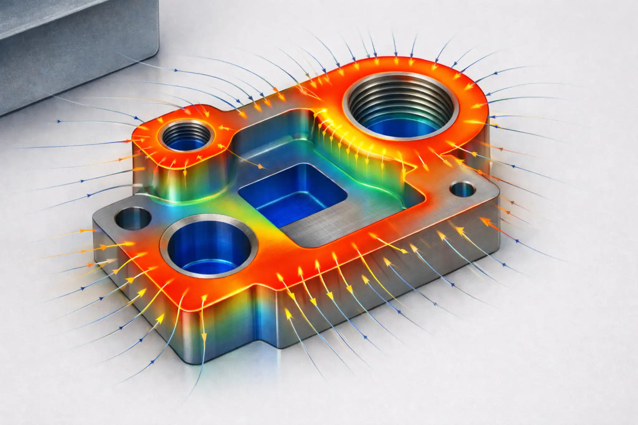 ฮีตแมพการกระจายความหนาแน่นกระแสในงานชุบซิงค์บนชิ้นงานซับซ้อน ขอบและมุมกระแสสูงกว่า