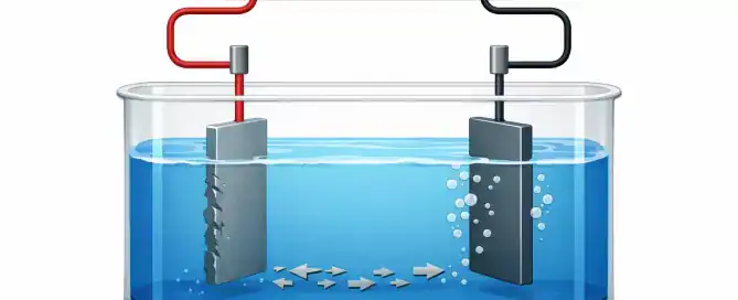 แผนภาพการชุบซิงค์ด้วยไฟฟ้า แสดงขั้ว Anode และ Cathode ในบ่อชุบ