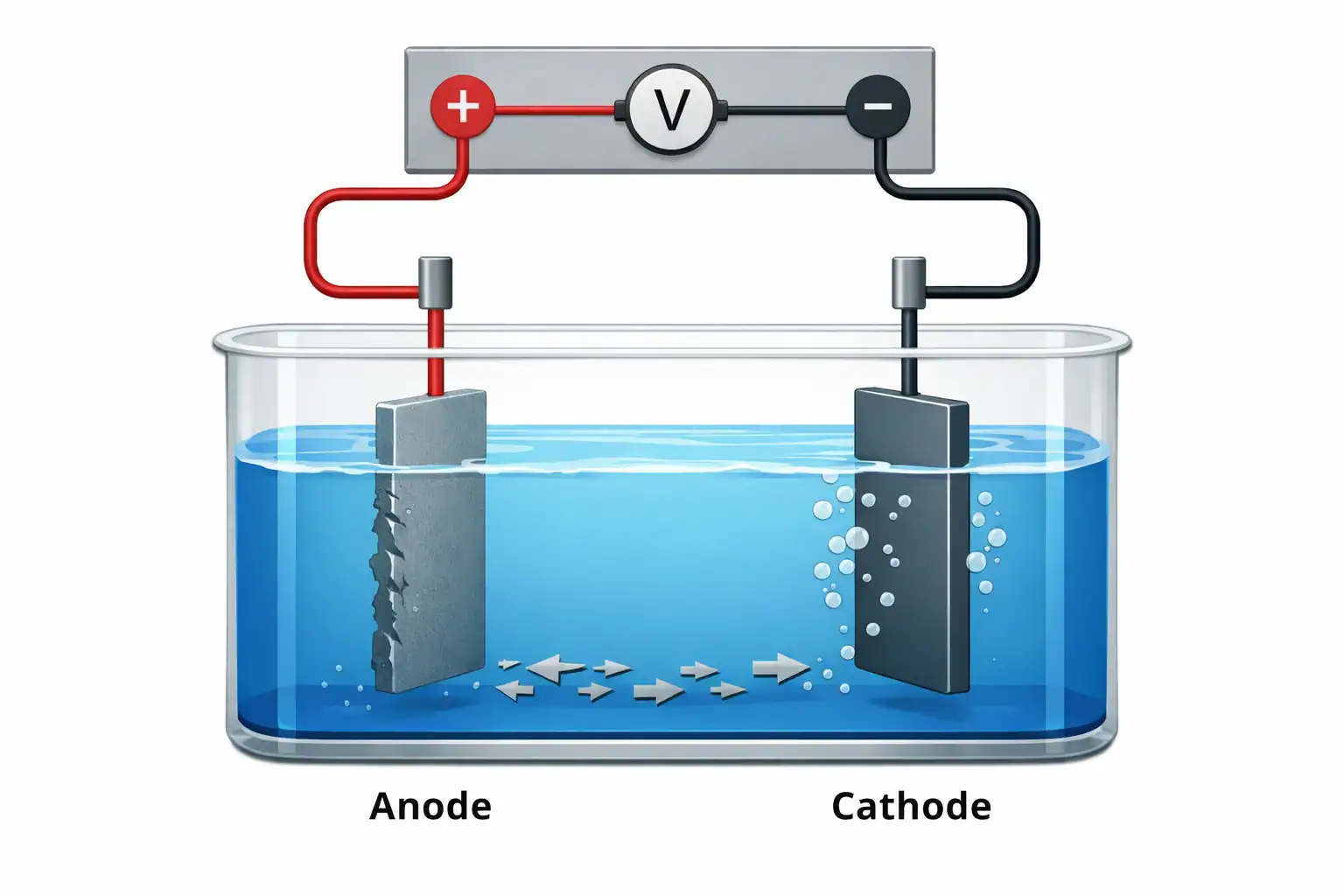 แผนภาพการชุบซิงค์ด้วยไฟฟ้า แสดงขั้ว Anode และ Cathode ในบ่อชุบ