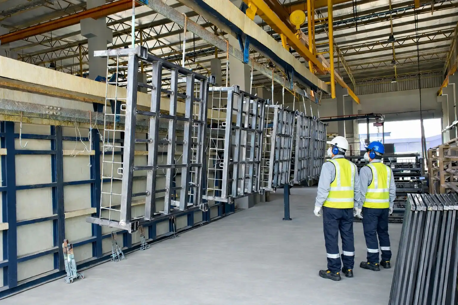 พนักงานสวม PPE ตรวจชิ้นงานแขวนบนรางเครนในไลน์ชุบซิงค์ภายในโรงชุบ พนักงานสวม PPE ตรวจงานแขวน (Rack) ในไลน์ชุบซิงค์