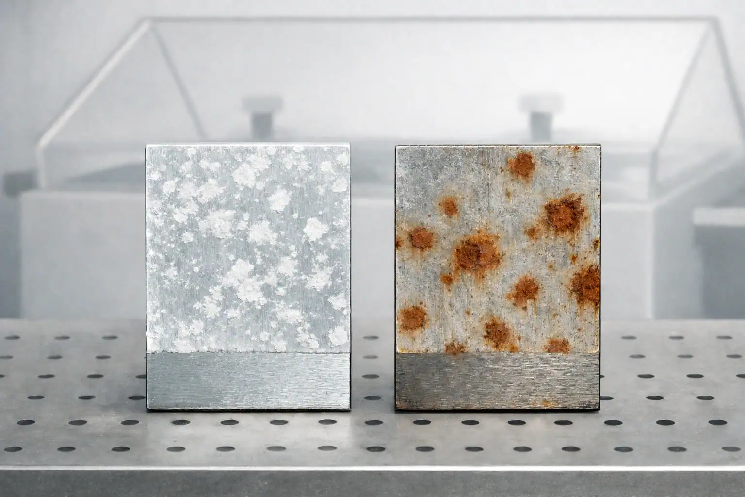 ผลการทดสอบเกลือ Salt Spray Test ของงานชุบซิงค์ เปรียบเทียบสนิมขาวและสนิมแดงบนผิวโลหะ